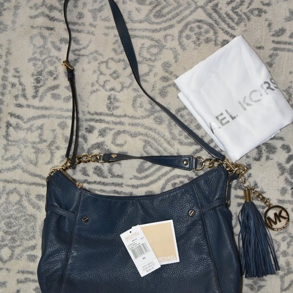 Michael KORS navy blue MEGAN Crossbody shoulder SLOUCH handbag LEATHER gold - Picture 7 of 15